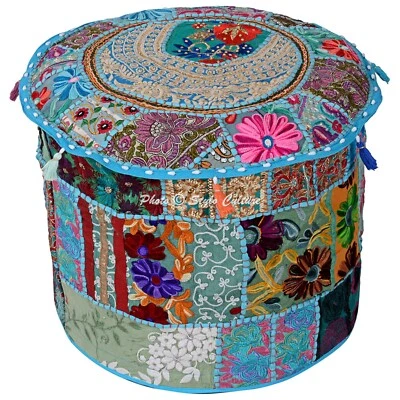 Cotton Bohemian Patchwork Poufs Blue Foot Stool 16 in Embroidered Indian Ottoman - Image 1 of 4