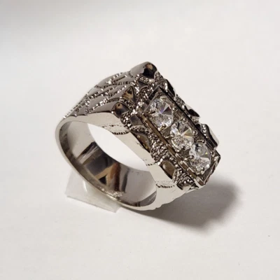 Мужские родия покрытием 3 прозрачный круглый CZ самородок группы кольцо размер 10 новый - Изображение 1 из 4