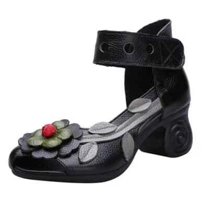 Summer Leather Retro Chunky Heel Sandals Open Toe Women High Heeled Sandals - Picture 1 of 27