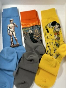 3 Pair Fine Art Socks Mens Crew Socks The Scream, The David, The Kiss - Picture 1 of 9