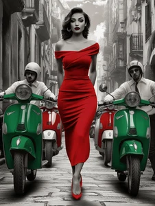 Quadro Stampa Poster Stampa Tela Arte Rossa Italiana Signora Moto Scooter - Foto 1 di 22