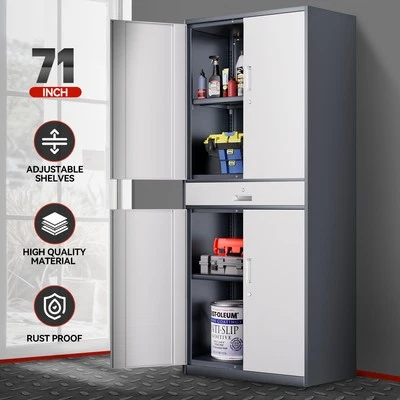 Gabinetes de almacenamiento de metal con cerradura gris/blanco de 71"" con cajón y 2 estantes ajustables Foto 1 de 4