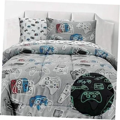 7-Piece Glow in The Dark Gamer Bedding Set Full - Full Size Blue & Grey - Game  - Image 1 of 4
