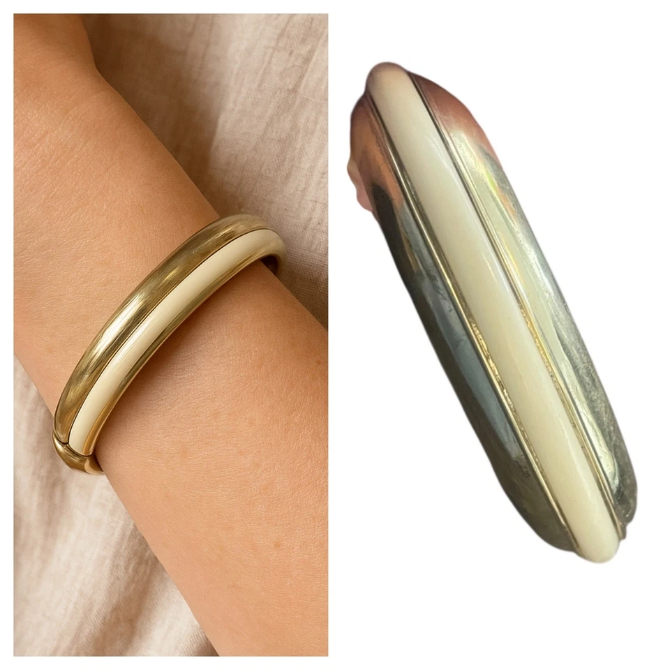 Brazalete Brazalete Vintage Dorado y Marfil Esmalte Bisagras Clásico Retro Elegante Accesorio Foto 1 de 4