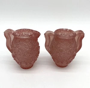 2 MCM Vintage Daisy and Button Pattern Toothpick Holders Pink Glass Urn Pitcher - Picture 1 of 9