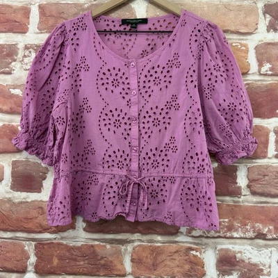Marc New York Top Womens Medium Purple Pink Floral Eyelet Chic Tie Waist Shirt - Image 1 of 4