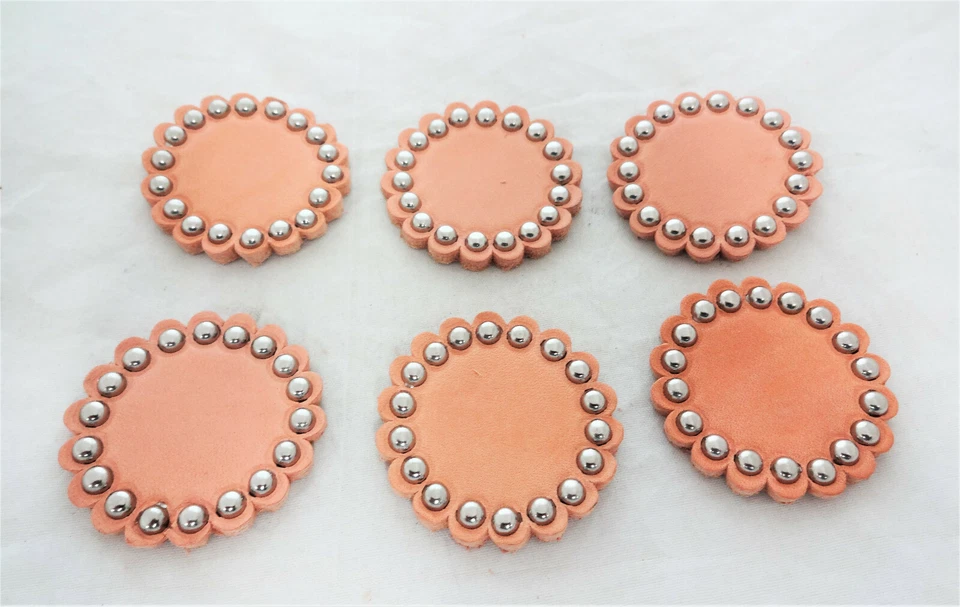 Lot of 6 Natural Skirting Leather Rosettes Spotted Round Conchos Horse Sizes New - Image 1 of 1