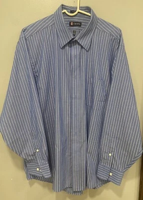 Camisa CHAPS XL 17-17.5 34/35 Azul/Blanco Rayas Abotonadas Manga Larga Sin Plancha Foto 1 de 4