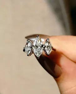 3.00CT Marquise Cut Moissanite Three stone Wedding Ring 14k Yellow Gold Plated - Picture 1 of 5