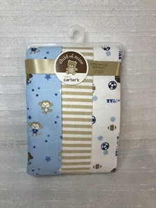 CARTER'S LOT 3 RECEIVING BLANKETS BLUE FLANNEL MONKEY SPORTS STRIPED BOY NEW - Picture 1 of 12