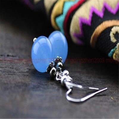 Smooth blue Jade Chalcedony Silver Hook Dangle Earrings Casual Crystal Gemstone - image 1 of 2