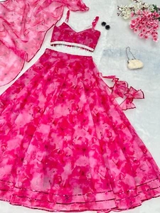 Floral Lehenga Dress Party wear lengha choli Organza Lehenga festiv Dress Stitch - Picture 1 of 4