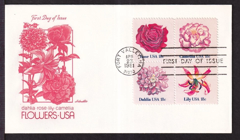 1981 Rose Camellia Dahlia Lily Sc 1876 to 1879 FDC with Artmaster cachet (AF - Image 1 of 1
