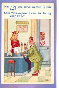 1959c DO YOU SERVE WOMEN AT THE BAR ? BEER ALE PUB JOKE COMIC HUMOUR POSTCARD - Picture 1 of 1