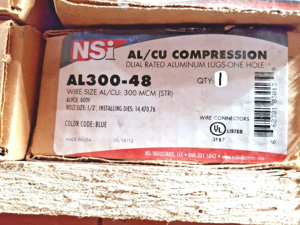Dual Rated Compression Connector, Aluminum Lug - Al Series - One Hole, 1/2" Stud - Image 1 of 1