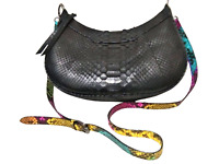 Black Snakeskin Crossbody Shoulder Bag with Colorful Leather Strap Accent