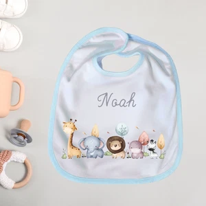 Babylätzchen Safari-Tiere – personalisiert mit Name – hellblau – süßes Babygesch - Bild 1 von 1