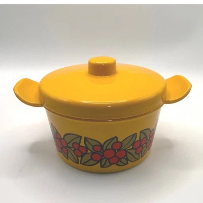 Emsa W Germany Yellow Berry Floral Round Plastic Jam Pot With Lid Vintage - Image 1 of 4