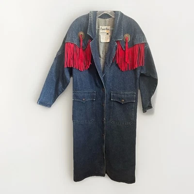 Vintage Pioneer Wear Denim Duster – Women’s Size 8 – Western Fringe Long Coat - Image 1 of 4