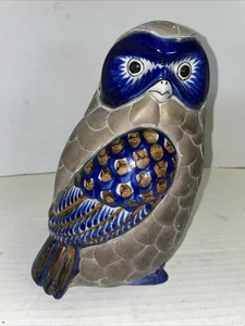 VTG Tonala Painted Pottery Armored Brass Feathered Owl Figurine Mexico MCM 9.5” - Picture 1 of 11