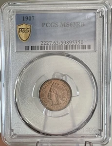 1907 Indian Head Cent 1c PCGS MS63 RB – Red Brown – Beautiful Early Copper - Picture 1 of 7