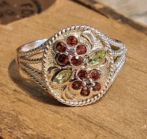 Sterling Silber 925 Granat Peridot Amethyst Blume Ring - Bild 1 von 10
