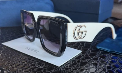 Gucci GG0956S 002 Sunglasses Purple Lens Black White Frame Square Oversized Look - Image 1 of 4