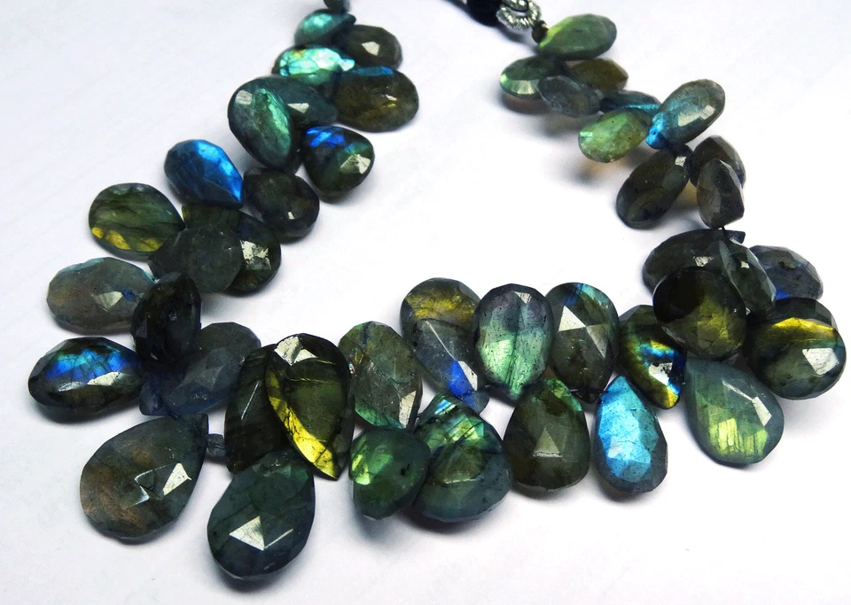 189.ct 8" FULL POWER Blue Fire Labradorite FACETED PEAR shape BEADS 9 TO 16 MM  - Image 1 of 4