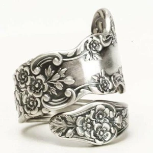 Anillo cuchara plata anillo para mujer talla 6-10 elegante patrón de flores grabadas retro - Imagen 1 de 24