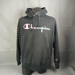 Champion Reverse Weave Hoodie Mens XL Black Y2K Baggy Pullover Rainbow Logo - Picture 1 of 15
