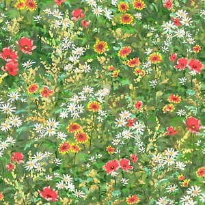 Fabric Flowers Pastoral Song On Green Cotton by P&B Textiles 1/4 yard 4086 - Picture 1 of 8