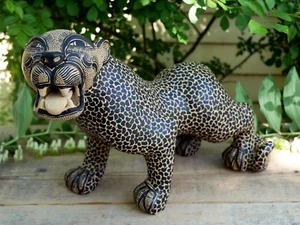 Lg Black & Tan Jaguar Clay Mayan Handmade Amatenango del Valle Mexican Folk Art - Picture 1 of 16