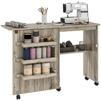 HOMCOM Folding Sewing Table, Drop Leaf Craft Table with Storage Bins - Grey - Image 1 of 4