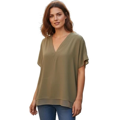 DKNY V Neck Chiffon Trim Top Sage Green Size Medium - Image 1 of 4