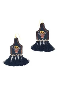 Stylish Western Cow Skull And Tassel Drop Earring - Picture 1 of 5