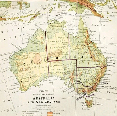 1920 Mapa Austrália Nova Zelândia Oceania Fronteiras Políticas Físicas DWQ5 - Imagem 1 de 2
