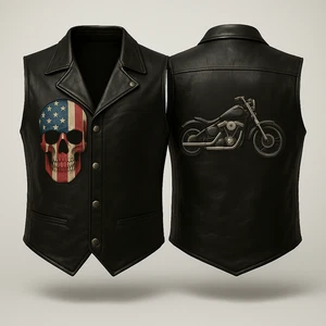 Men’s Black Leather Biker Vest – American Flag Skull Front & Motorcycle Back - Picture 1 of 3