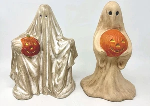 Vtg 80s Ceramic Ghosts Pair Jack O Lantern Pumpkin 9" Halloween Decor Byron Mold - Picture 1 of 7