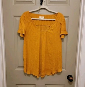 Anthropologie Maeve Hailey Flutter Sleeve Blouse Top Shirt Yellow Golden Size XL - Picture 1 of 10