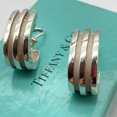 Tiffany & Co. Atlas Groove Omega Hoop Silver Clip-on Earrings 17.2g - Image 1 of 4