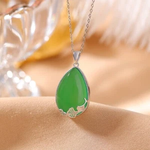F02 Rimorchio Gocce Dal Verde Calcedonio Ginkgo-Blätter Argento Sterling 925 - Foto 1 di 6
