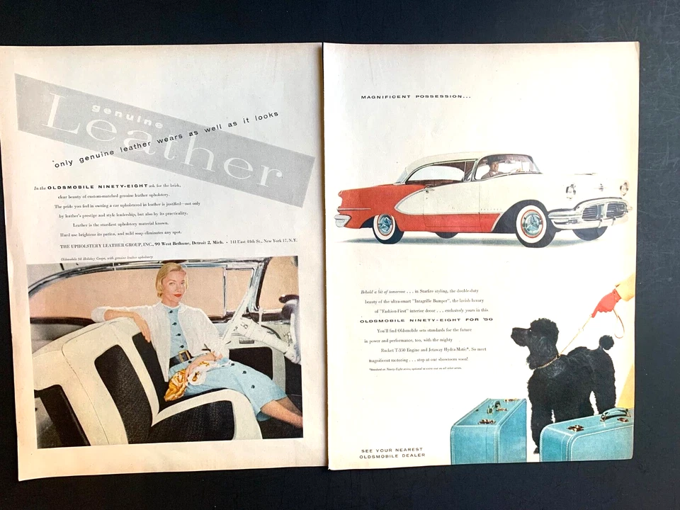 1956 Oldsmobile 98 Holiday Coupe Ad 13in x20in 2 Page Ad Black Standard Poodle - Image 1 of 1