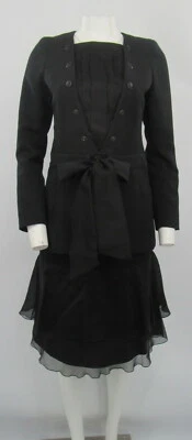 Chanel Negro Primavera 2002 Seda Volantes/Falda Acolchada Conjunto de Traje con Cinturón talla 36 Foto 1 de 4