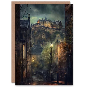 Grußkarte Edinburgh Schloss atmosphärisch Schottland Nacht Regen leer Geburtstag - Bild 1 von 6