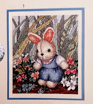Cross Stitch Pattern BLUE BUNNY Springtime Theme Flowers Donna Richardson - Image 1 of 4