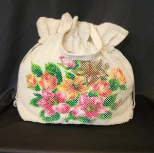 Floral Beaded Satchel Colorful Drawstring Handles Bohemian Hippie Bloomcore - Picture 1 of 9