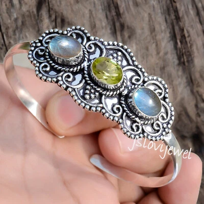 Labradorite & Peridot Cut Gemstone 925 Sterling Silver Bangle Cuff For Friend's - Image 1 of 4