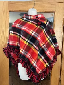 70s Pioneerwear Wool Plaid Cape Poncho Shawl Plaid Red Black Fringe - Picture 1 of 7
