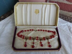 VINTAGE VICTORIAN CZECH STYLE RUBY RED CRYSTAL LAVALIER TIER NECKLACE ORIG BOX