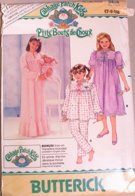 Butterick 3436 Girls & Cabbage Patch Doll Pajamas Nightgown Pattern Szs 7 8 10 - Image 1 of 4